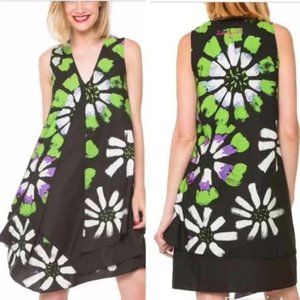 Desigual Asymmetrical Black Dress with White, Green & Purple Floral Print